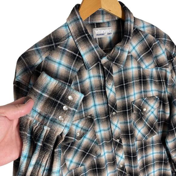 WRANGLER Wrancher Men’s Brown Plaid Snap Front Long Sleeve Flannel XL - Picture 2 of 3